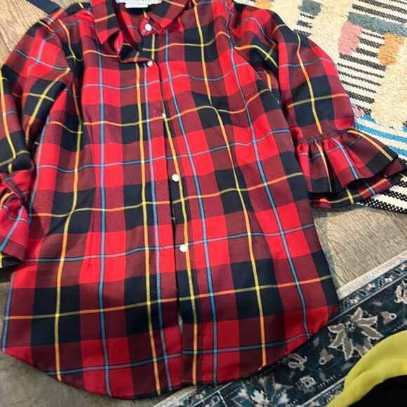 Gretchen Scott Priss Blouse Duke of York Plaid Blouse Large Red Blue S - Picture 3 of 9